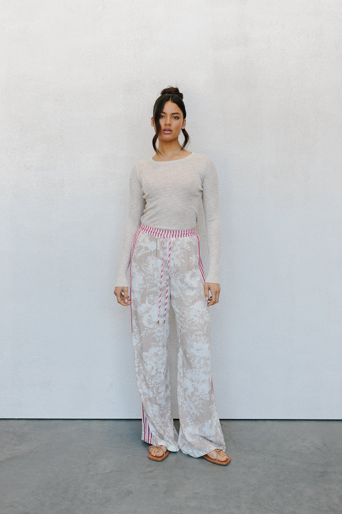 Citta Pants - Beige Floral/Red Stripe