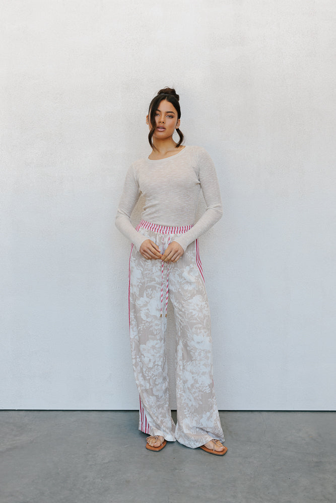 Citta Pants - Beige Floral/Red Stripe