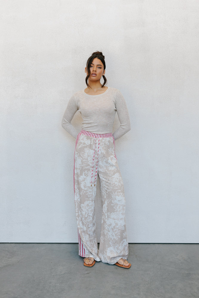 Citta Pants - Beige Floral/Red Stripe
