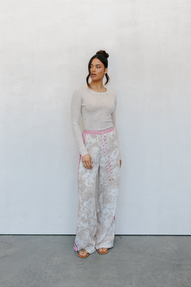 Citta Pants - Beige Floral/Red Stripe