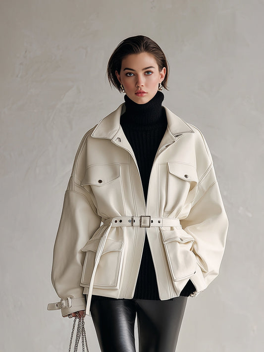 Women's Ivory Elegant PU Leather Belted Utility - Style Jacket (without Belt) MDA2627H6I