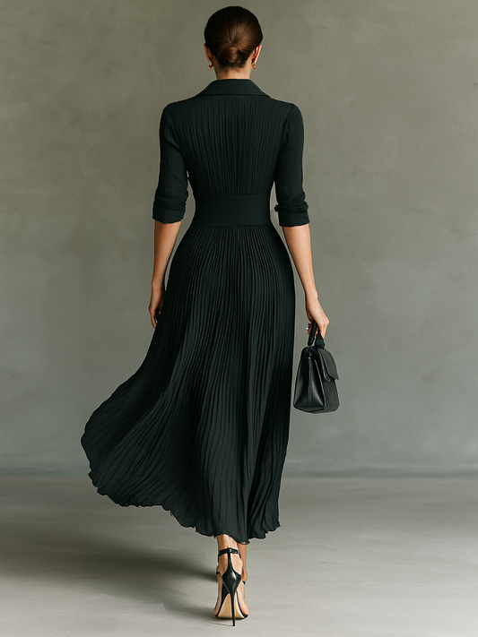 Women's Solid Color Pleated Lapel Waist Long Sleeve Maxi Dress MDA0826G1Y