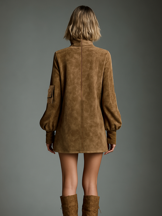 Women's Vintage Loose Suede Turtleneck Mini Dress MDA1693H3Y