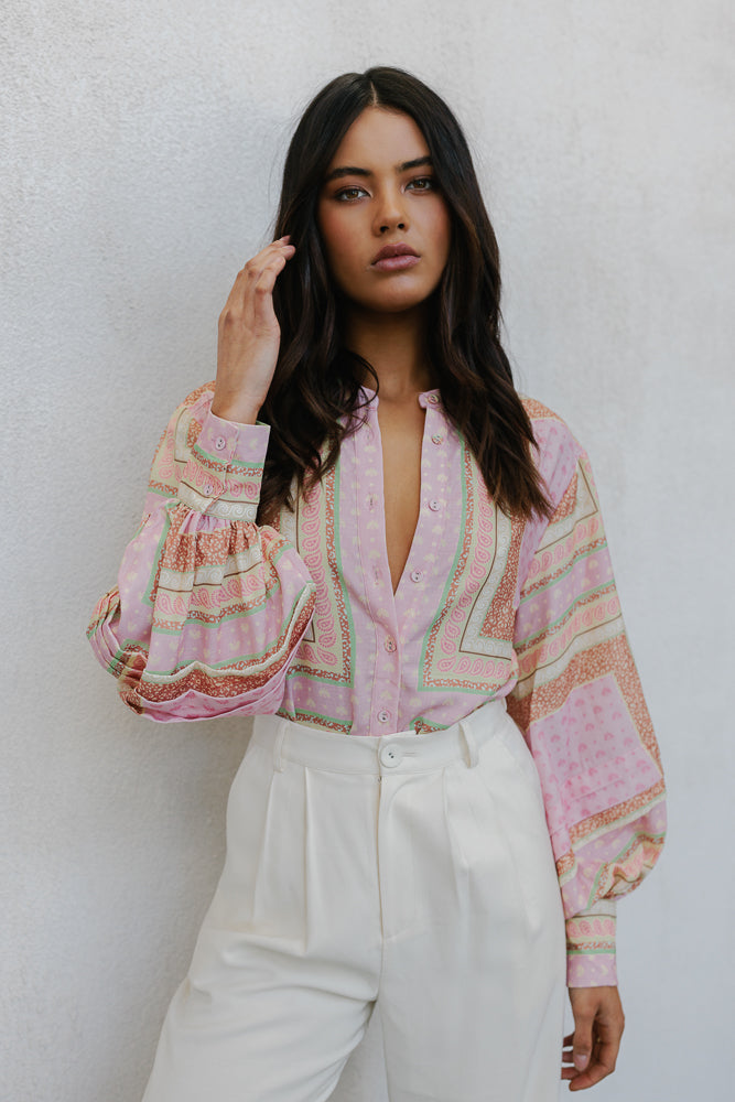 Chicago Billowed Shirt - Pink Tile Print