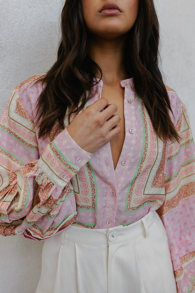 Chicago Billowed Shirt - Pink Tile Print