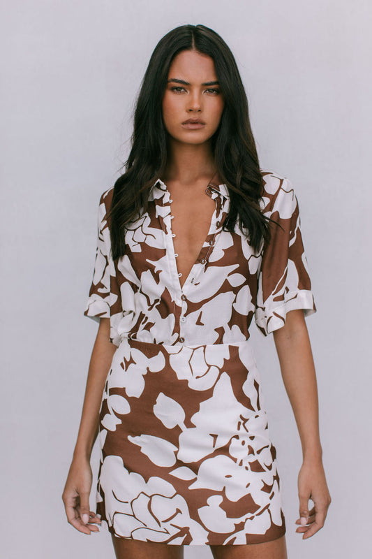 Valletta Mini Skirt - Chocolate Brown/Cream Floral Print