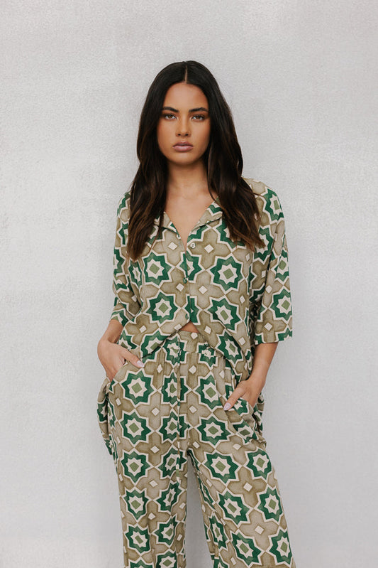 Rosalie Oversized Shirt - Khaki Tile Print