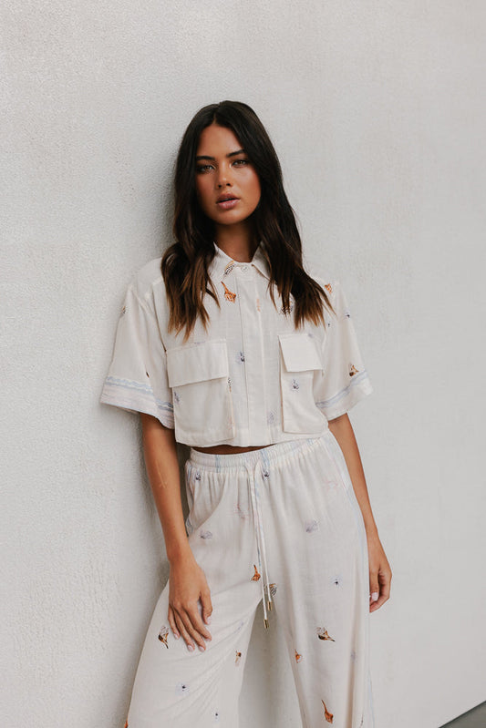 Esimio Cropped Shirt - Seashell Print/Watercolour Stripe