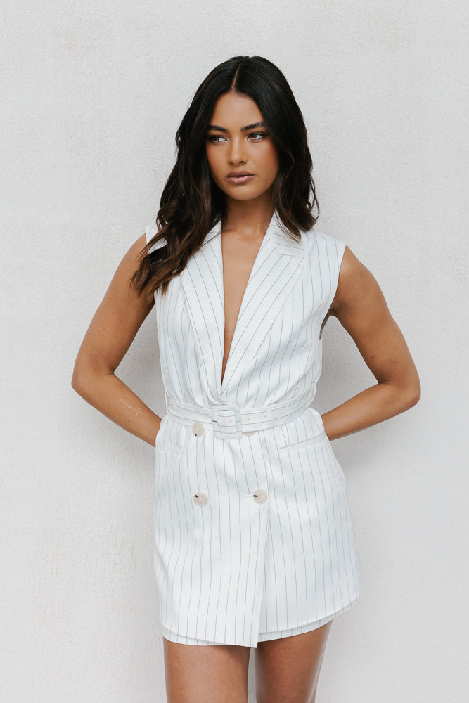 Cullen Mini Blazer Dress - White Pinstripe