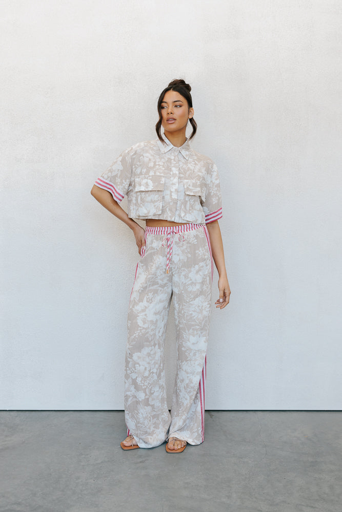 Citta Pants - Beige Floral/Red Stripe