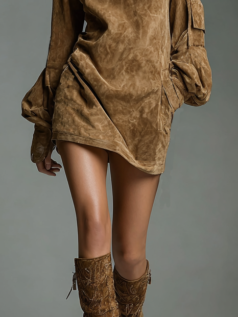 Women's Vintage Loose Suede Turtleneck Mini Dress MDA1693H3Y