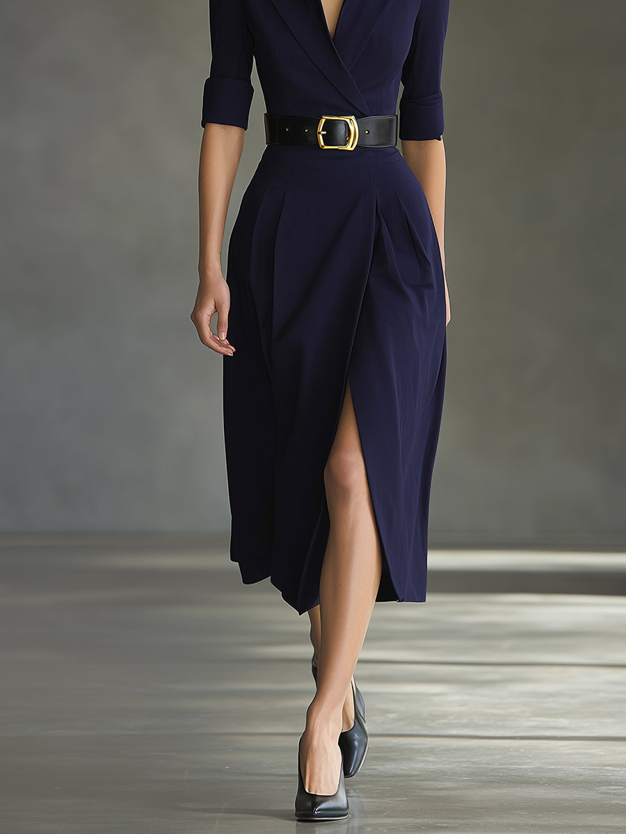 Women's Navy Classic Crepe Wrap Slit Midi Dress MDA0903I8I
