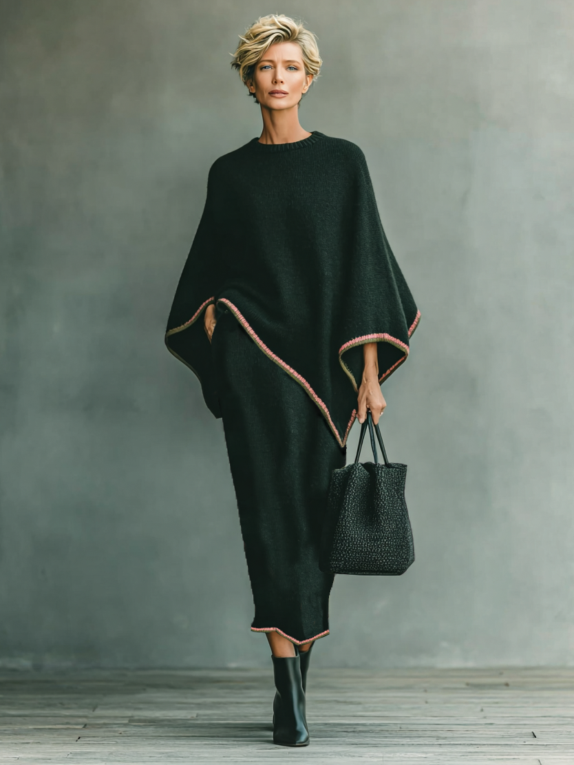 Women's Minimalist Loose Round Neck Cape Sleeve Sweater Skirt Knitted Set MDA0514I7Y