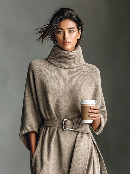 Women's Minimalist Knitted High-neck Cape Sleeve Belt Maxi Dress MDA0592I3Y