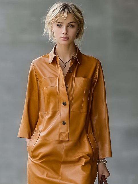 Women's Casual Loose PU Leather Button Lapel Long Sleeve Mini Dress MDA0549I0Y