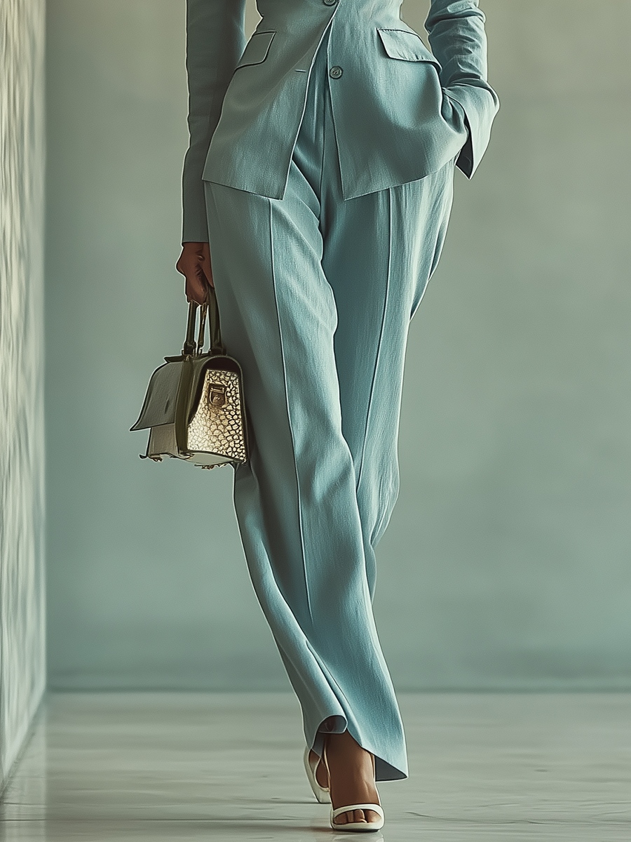 Women's Blue Cotton Blend Blazer And Wide-Leg Pants Set MDA0243I4T