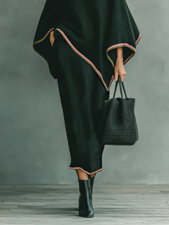 Women's Minimalist Loose Round Neck Cape Sleeve Sweater Skirt Knitted Set MDA0514I7Y