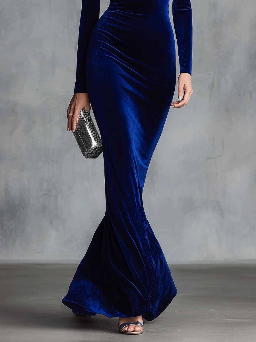 Women's Royal Blue Elegant Velvet Off - Shoulder Mermaid Gown Maxi Dress MDA0119I0I