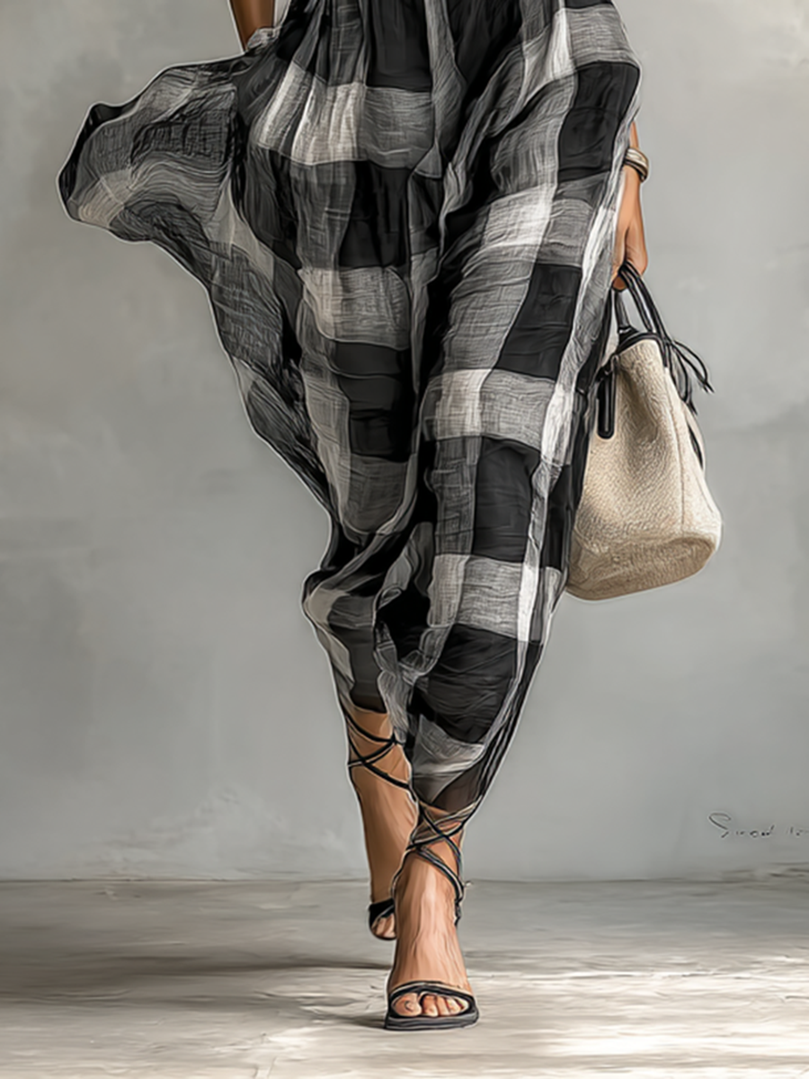 Women's Plaid Cotton Blend High Collar Short Sleeve Belt Maxi Dress MDA0575G6Y