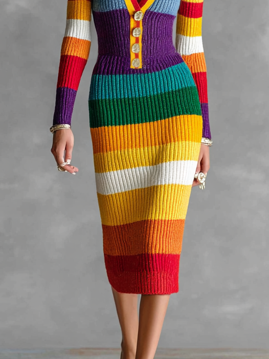 Women's Slim Lapel V-Neck Colorful Striped Knitted Midi Dress MDA2589H3Y
