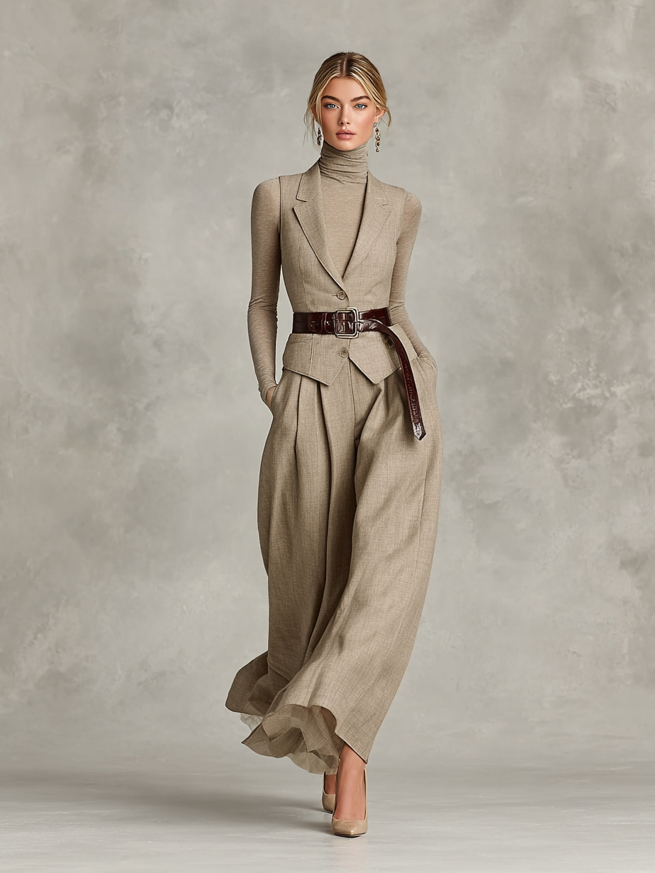Women's Lapel Single-breasted Vest And Skirt Two-piece Set (Excluding Belt) MDA2555H0Y