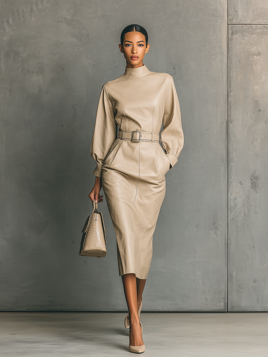 Women's Beige PU Leather Wide Sleeve Maxi Dress MDA1952H5T