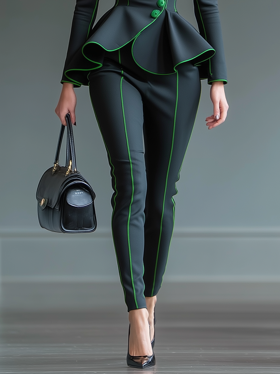 Women's Black Cotton Blend Ruffled Jacket And Pants Set Set MDA0304I1T