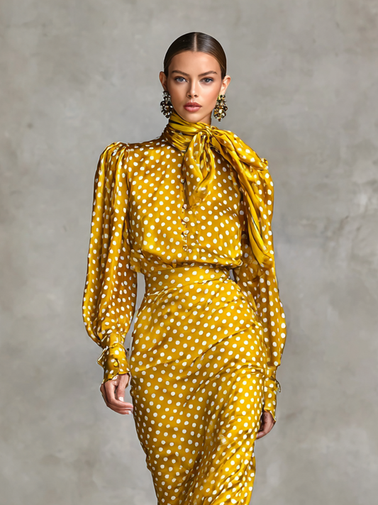 Women's Vintage Satin Polka Dot Print Shirt And Skirt Two-Piece Set (Includes Scarf) MDA3073G0Y