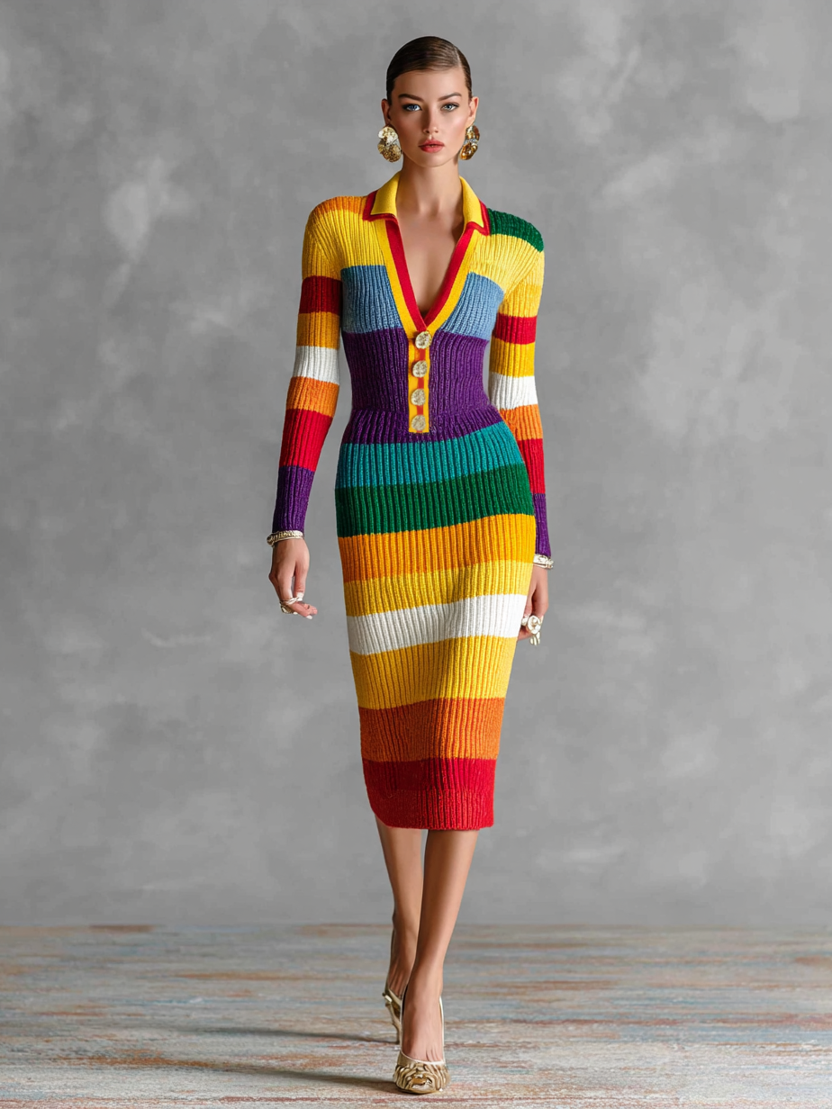 Women's Slim Lapel V-Neck Colorful Striped Knitted Midi Dress MDA2589H3Y