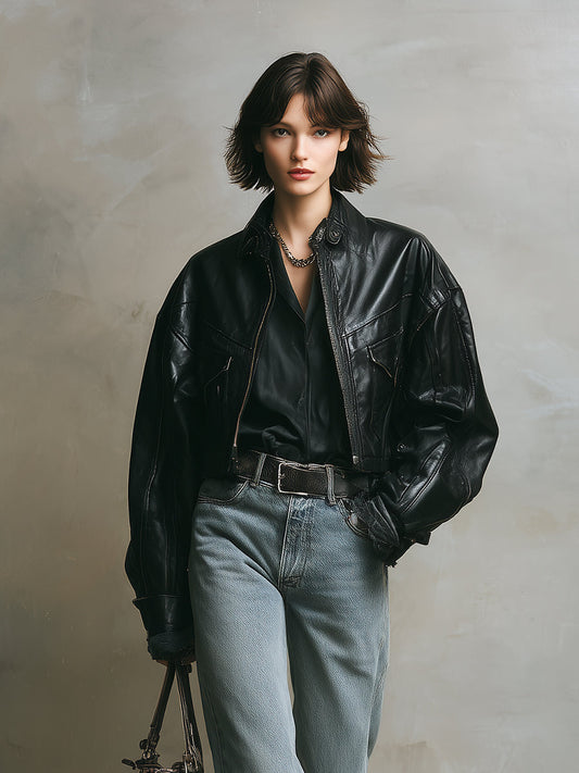 Women's Black Edgy PU Leather Oversized Biker Jacket MDA2614H3I