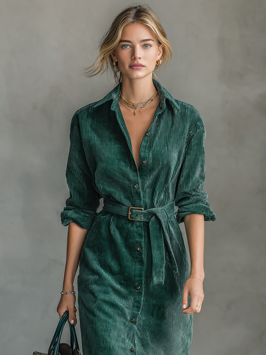 Women's Corduroy Single-Breasted Belted Shirt Midi Dress MDA0202I0Y