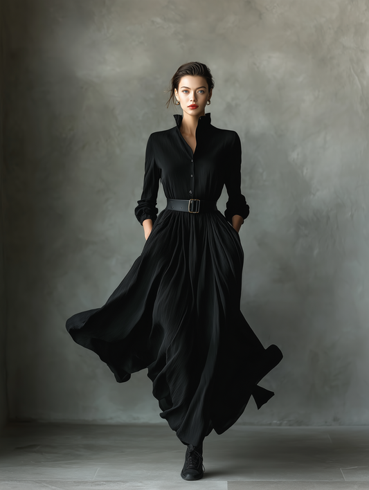 Women's Black Blend Textured Pleated Vintage Maxi Dress MDA0859H8T