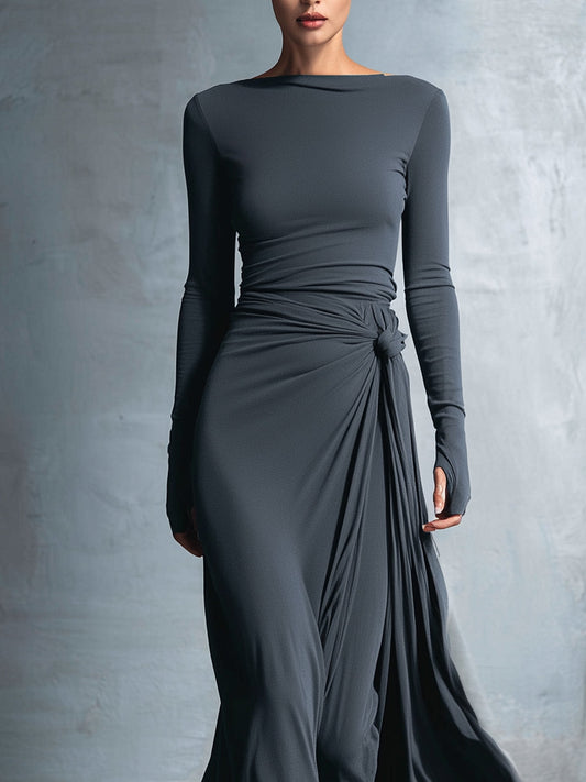 Women's Grey Sophisticated Jersey Knit Wrap - Knot Maxi Dress MDA1401H9I