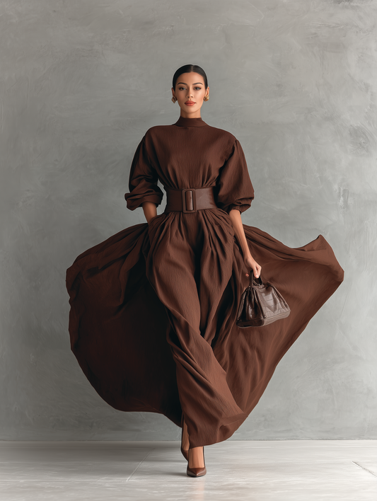 Women's Dark Brown Cotton Blend Pleated High Collar Loose Fashion Maxi Dress MDA0901I4T