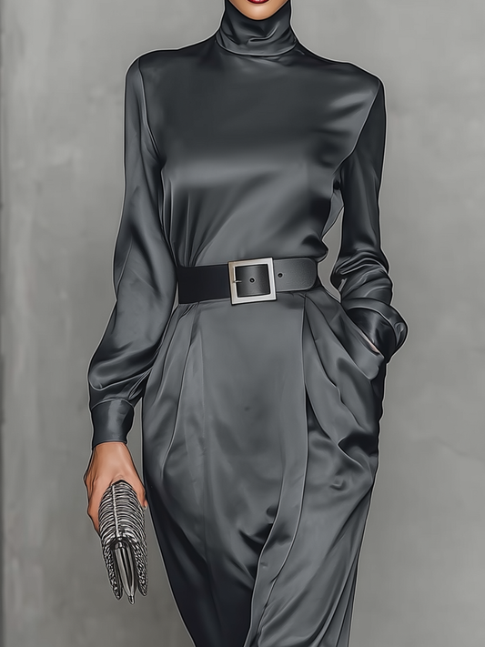 Women's Dark Grey Satin Waisted High Collar Maxi Dress MDA0451I5T