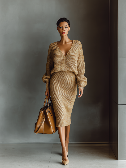 Women's Light Brown Elegant Casual Knitted Skirt Set MDA1560H6T