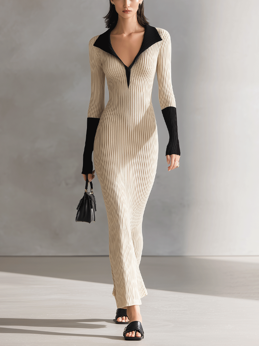 Women's Beige & Black Colorblock Elegant Knit Slim-Fit Dress MDA0585I8I