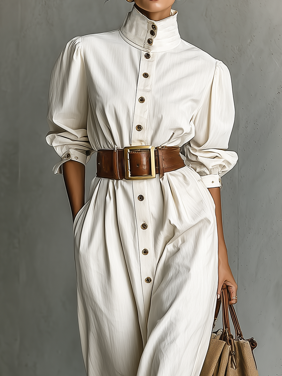 Women's Off-white Cotton Stand-up Collar Simple Casual Maxi Dress MDA0813I5T