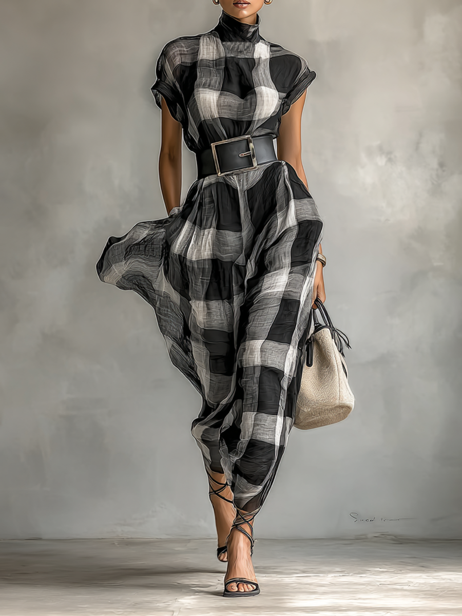 Women's Plaid Cotton Blend High Collar Short Sleeve Belt Maxi Dress MDA0575G6Y