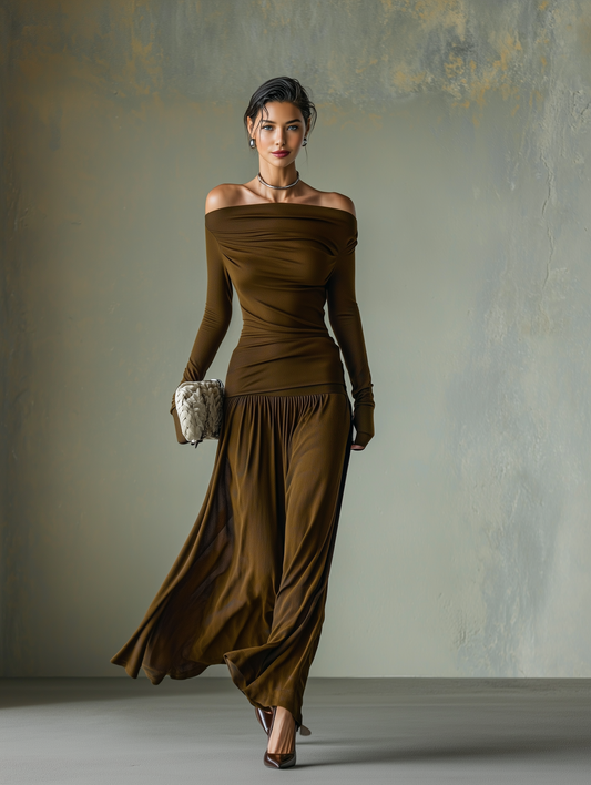Women's Dark Brown High-Stretch Knit Off-Shoulder Pleated Fitted Maxi Dress MDA1015I5T