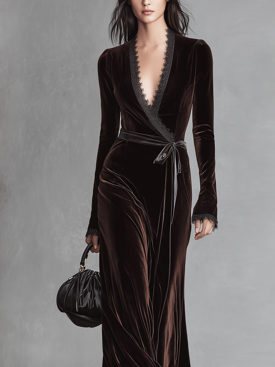 Women's Rich Brown Velvet Elegant Deep-V Flowy Dress MDA0594I6I