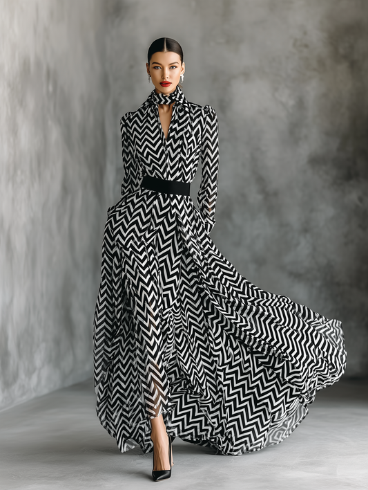 Women's Black And White Herringbone Chiffon Tie-Up Maxi Dress MDA2542G5T