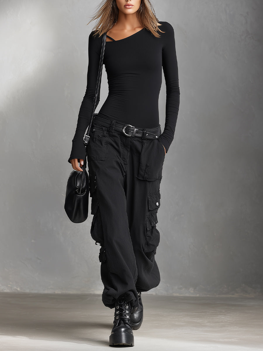 Women's Black Edgy Rib - Knit Asymmetric Neck Bodysuit And Cargo Pants Set MDA0818I0I