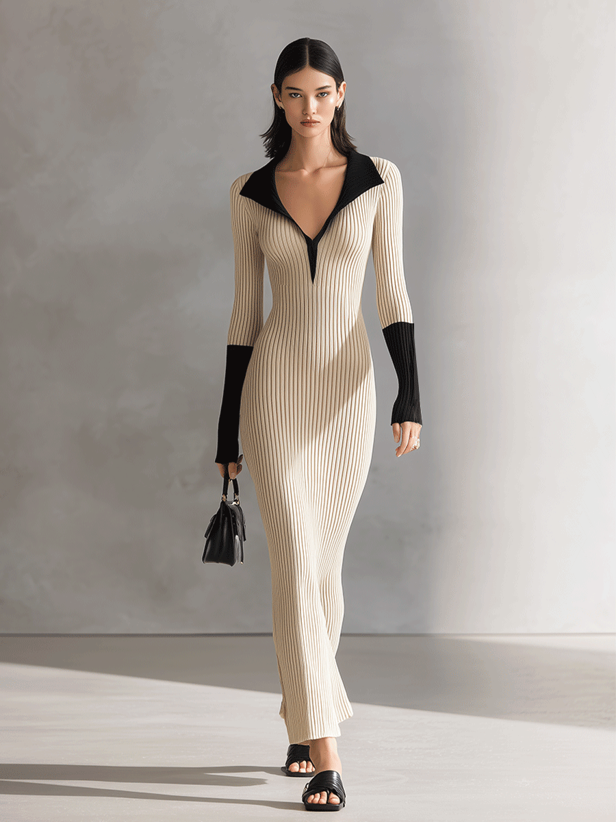 Women's Beige & Black Colorblock Elegant Knit Slim-Fit Dress MDA0585I8I
