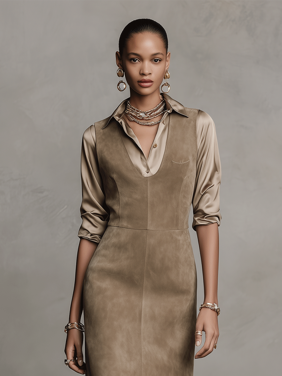 Women's Taupe Suede Vest Dress And Satin Shirt Two-Piece Set MDA0230I7I