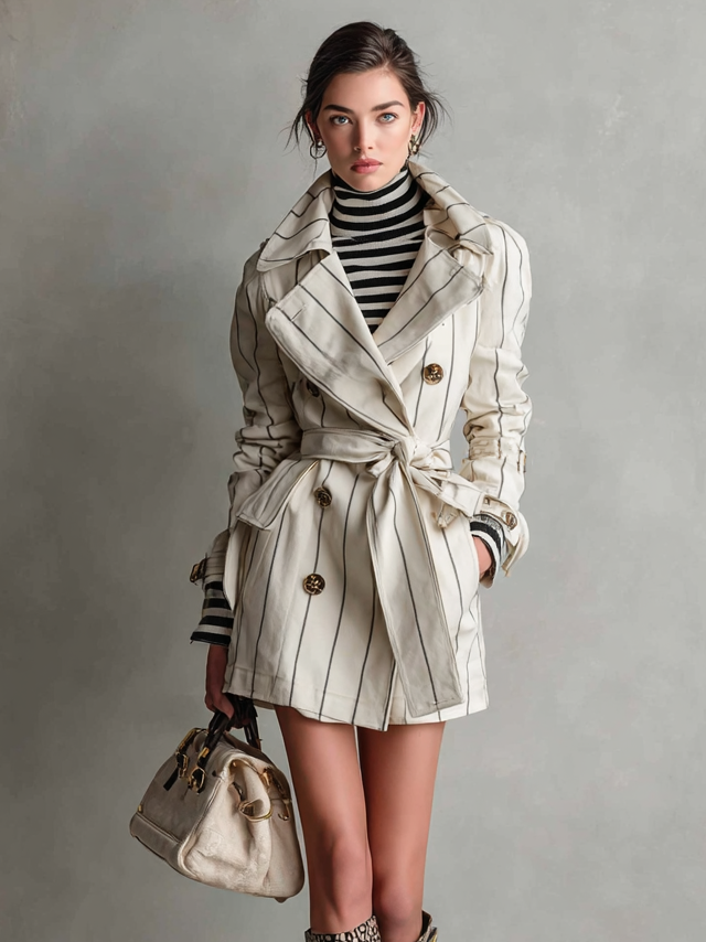 Women's Fashion Striped Double-Breasted Belted Short Trench Coat MDA2761H7Y