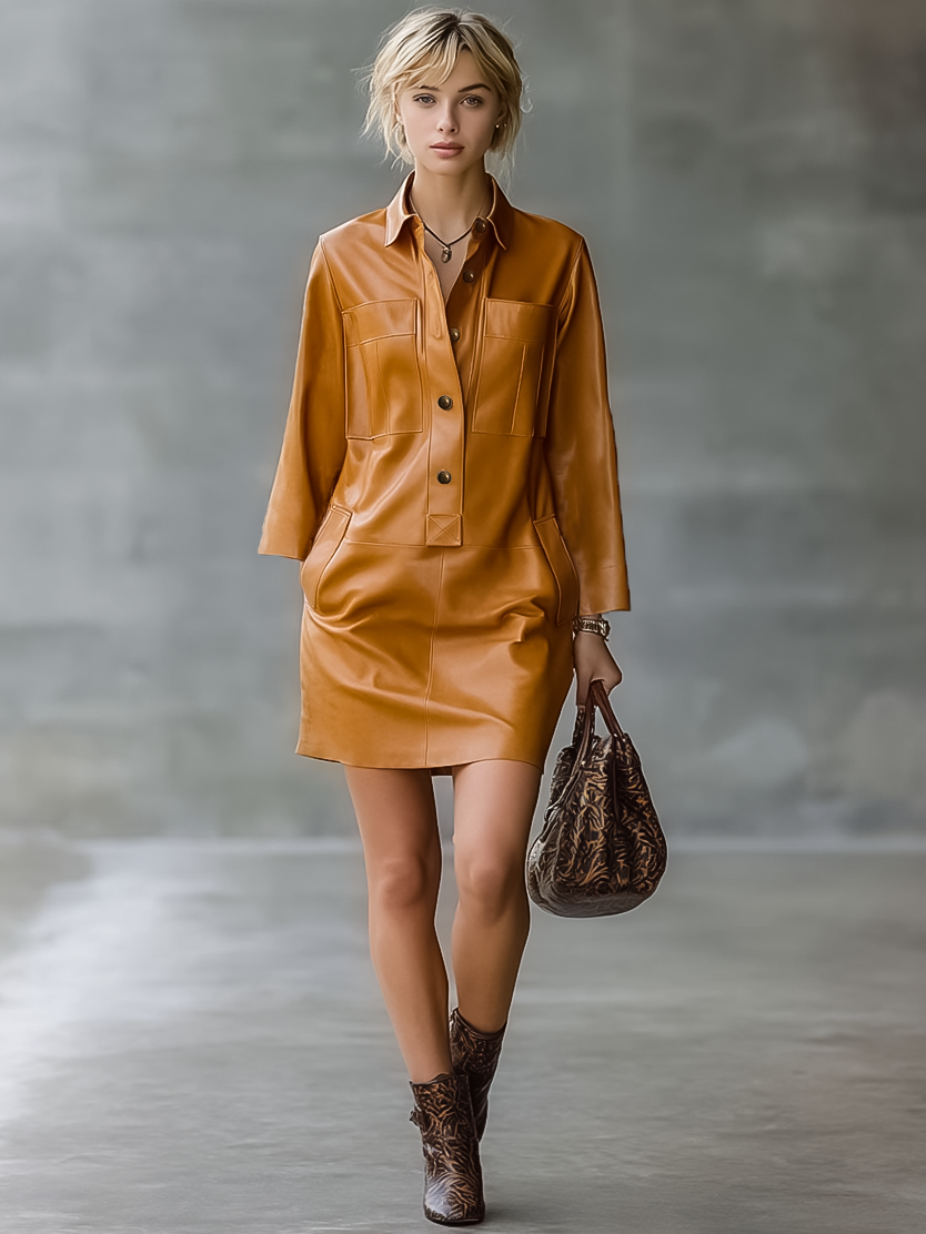Women's Casual Loose PU Leather Button Lapel Long Sleeve Mini Dress MDA0549I0Y