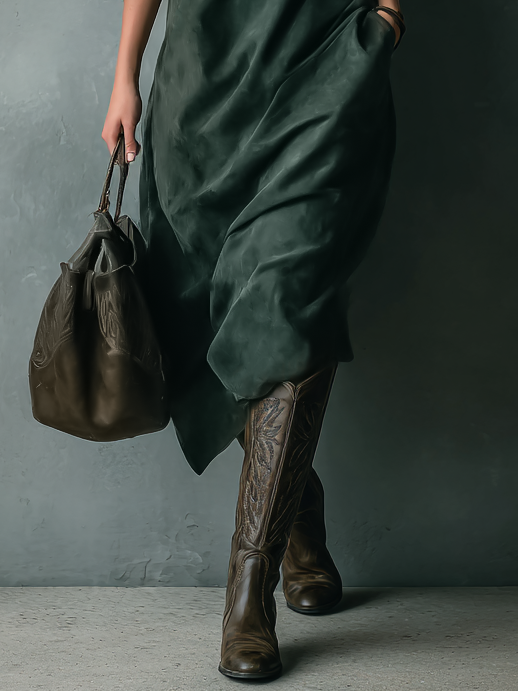 Women's Loose Suede Lapel Long Sleeve Midi Dress MDA1530H1Y