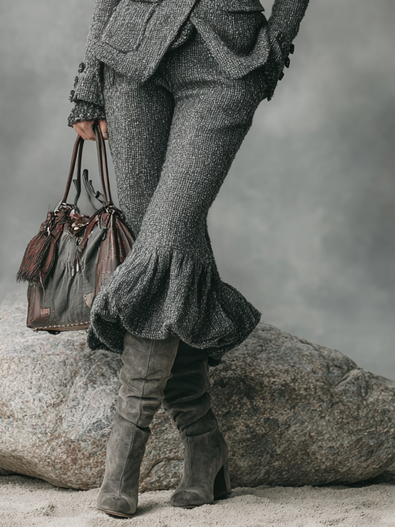 Ladies' Minimalist Woolen Waist Set With Petal Hem And Cropped Pants MDA2749H8Y