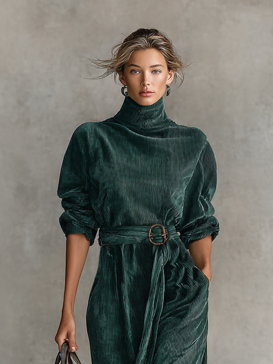 Women's Loose Corduroy Half-Turtleneck Belted Midi Dress MDA0293I4Y